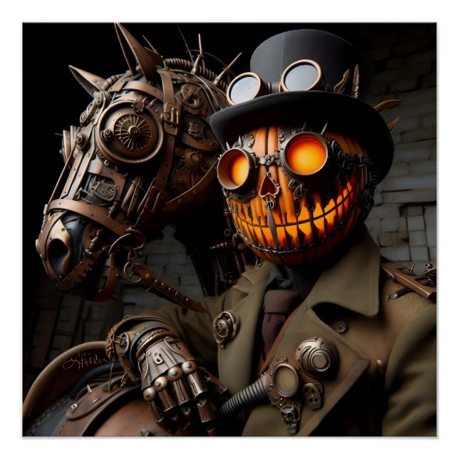 Pôster Cavaleiro Abóbora de Halloween Steampunk (Frente)
