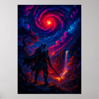Poster Cavaleiro Cósmico com Espada em Galáxia Sky Fantas
