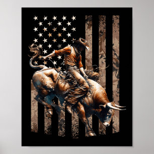 Poster Cavaleiro de Touro de Rodeio Patriota Cowboy Bande