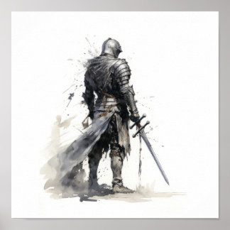Poster Cavaleiro épico com espada - preto e branco impres