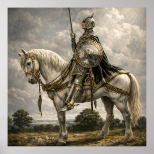 Poster Cavaleiro Medieval a Cavalo Arte de Fantasia Retro