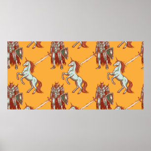 Poster cavaleiro medieval e padrão uniforme de unicórni