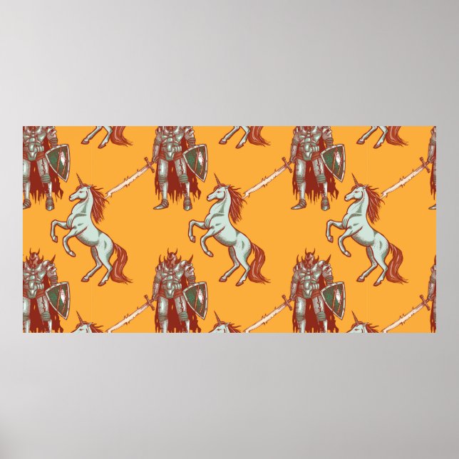 Poster cavaleiro medieval e padrão uniforme de unicórnio (Frente)