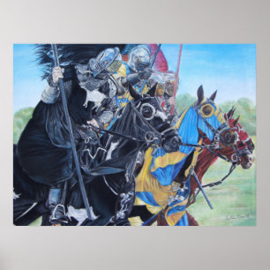 Pôster cavaleiros medievais jorrando em cavalos arte hist