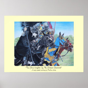 Poster cavaleiros medievais joujando em cavalos arte hist