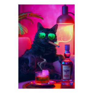 Pôster Cavalheiro Bebendo Gato Whiskey   Bar engraçado