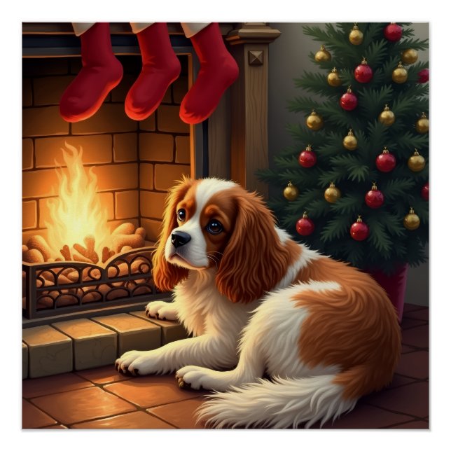 Pôster Cavalier King Charles by the Fireplace Christmas (Frente)