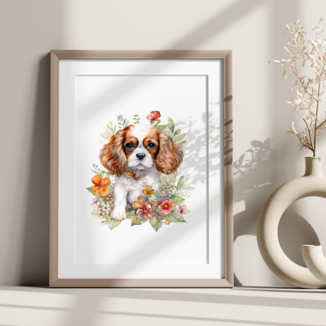 Poster Cavalier King Charles Puppy Pet Watercolor Flor (Criador carregado)