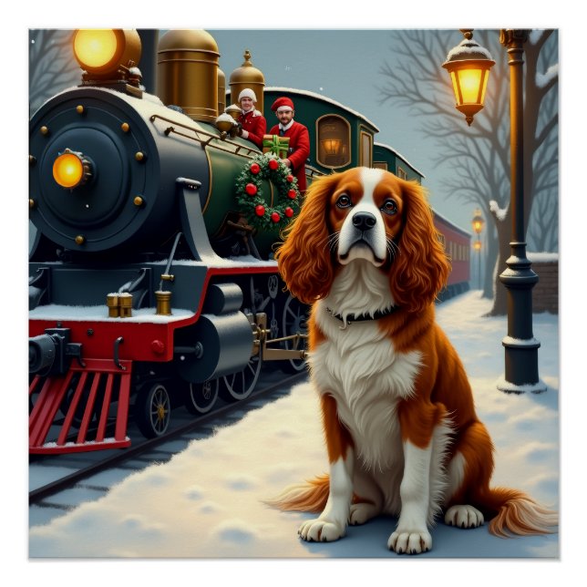 Pôster Cavalier King Charles Spaniel Christmas Train (Frente)