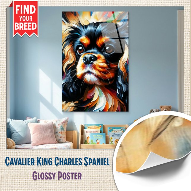 Pôster Cavalier King Charles Spaniel Dog Acrylic Print (Glossy Wall Art - Cavalier Spaniel Bold Abstract Portrait)