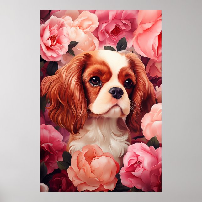 Poster Cavalier King Charles Spaniel em Rosas (Frente)