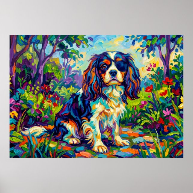 Poster Cavalier King Charles Spaniel Fauvista Jardim Post (Frente)