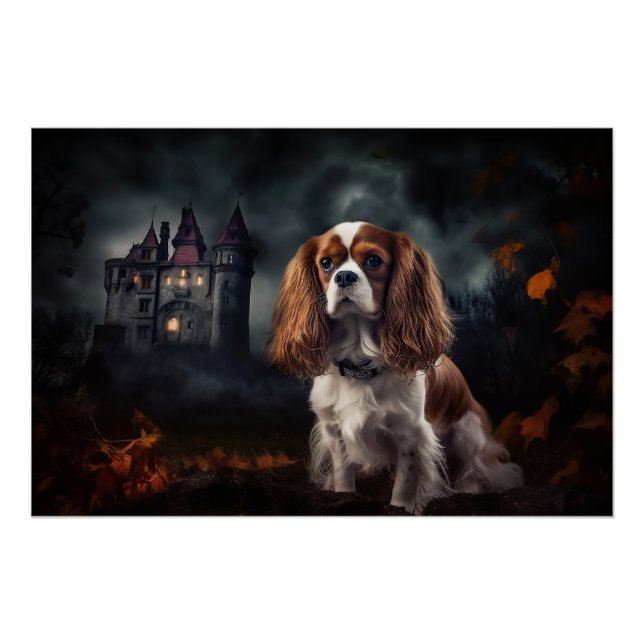 Pôster Cavalier King Charles Spaniel Halloween Assustador (Frente)