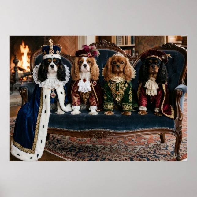 Poster Cavalier Spaniel Real em Sofá de Veludo (Frente)