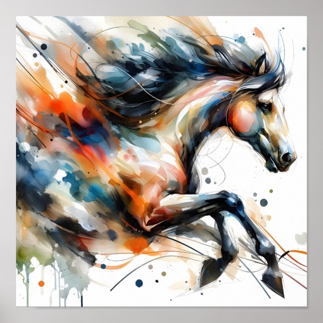 Poster Cavalo a Correr em Aquarela Abstrata (Frente)