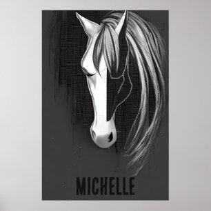 Poster Cavalo Abstrato branco e preto personalizado