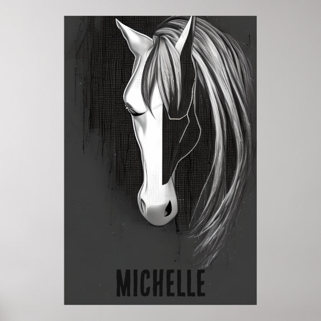 Poster Cavalo Abstrato branco e preto personalizado (Frente)