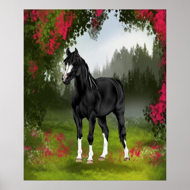 Poster Cavalo Árabe Preto em Prado de Primavera (Frente)