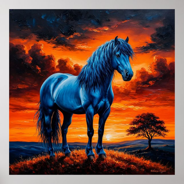 Poster Cavalo Azul em Paisagem Sunset Vibrante (Frente)
