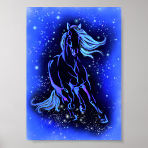 Poster Cavalo Azul Neon Correndo À Lua À Noite Estrelad