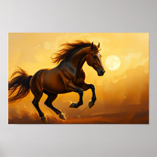 Poster Cavalo Baio Galopa, Céu do Pôr do Sol, Crina Fluin
