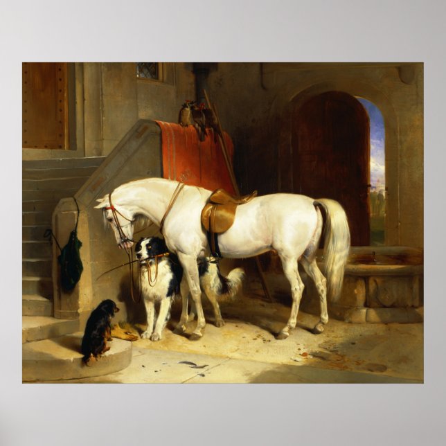 POSTER CAVALO BRANCO COM CÃES E FALCÕES NA ESTABULÁRIA (Frente)