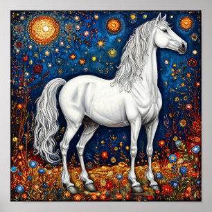Poster Cavalo Branco de Conto de Fadas Sob o Céu Estrelad