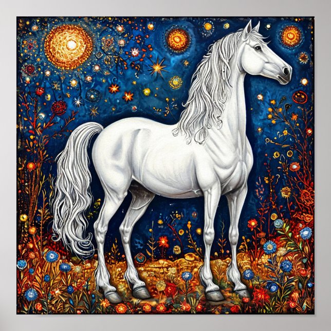 Poster Cavalo Branco de Conto de Fadas Sob o Céu Estrelad (Frente)