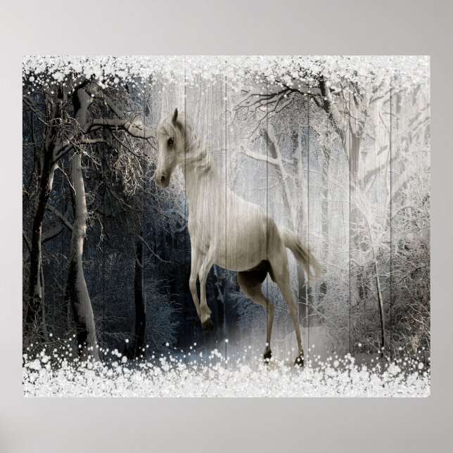 Poster Cavalo Branco De Inverno Na Floresta De Montanha (Frente)