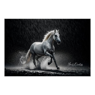 Pôster Cavalo Branco Dramático Galopando na Chuva