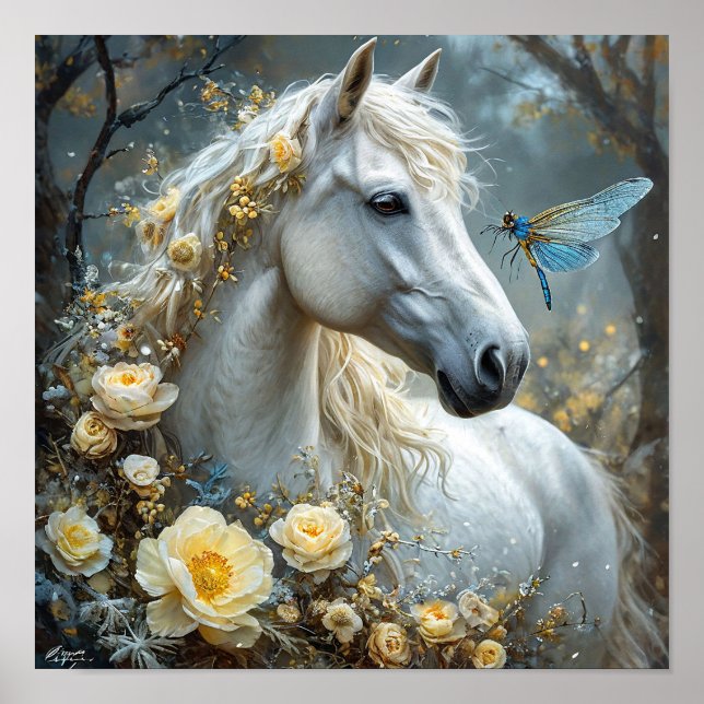 Poster Cavalo branco e flores (Frente)