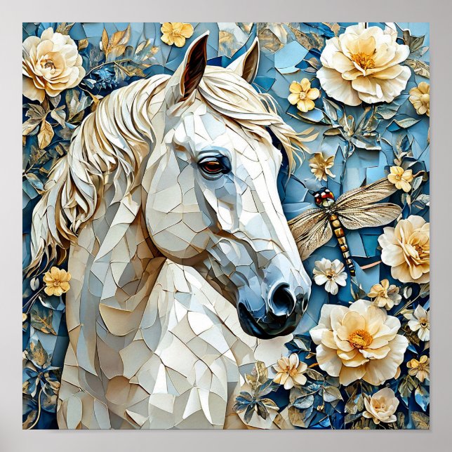 Poster Cavalo branco e flores (Frente)
