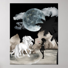 Poster Cavalo Branco e Garota com Praia da Lua Cheia de C