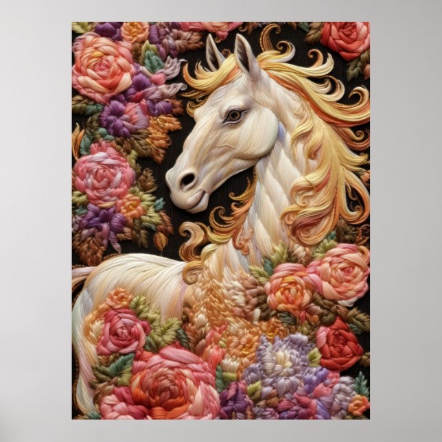 Poster Cavalo Branco e Rosas Arte de Bordados 3D (Frente)