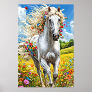 Poster Cavalo Branco em Paisagem de Prado Florido Decoraç