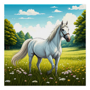 Pôster Cavalo branco em pé em um campo de grama