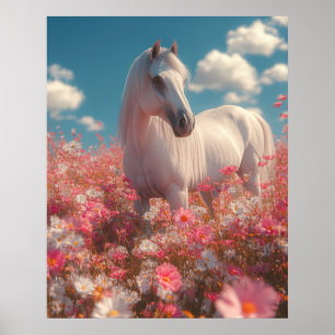 Poster Cavalo Branco em um Campo de Flores