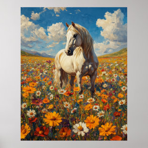 Poster Cavalo Branco em uma Sinfonia de Flores Silvestres
