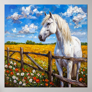 Poster Cavalo Branco Majestoso em Pé junto à Cerca Rústic