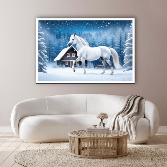 Poster Cavalo branco na floresta de inverno (Criador carregado)