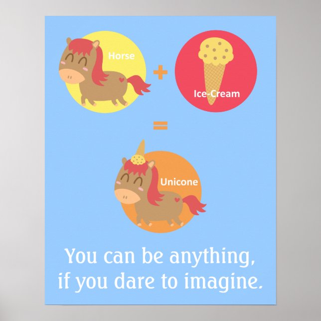 Pôster Cavalo Castanho Kawaii tentando ser um Unicórnio (Frente)