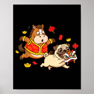 Poster Cavalo Chinês Pug Engraçado Crianças Homens Mulher