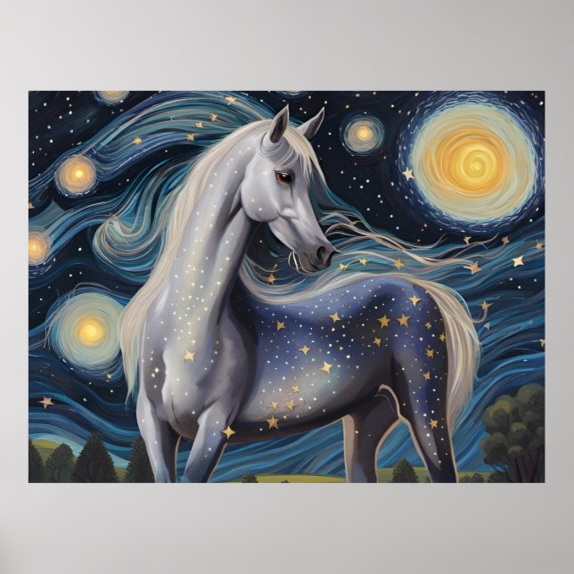 Poster Cavalo Cinza em uma Noite Estrelada (Frente)
