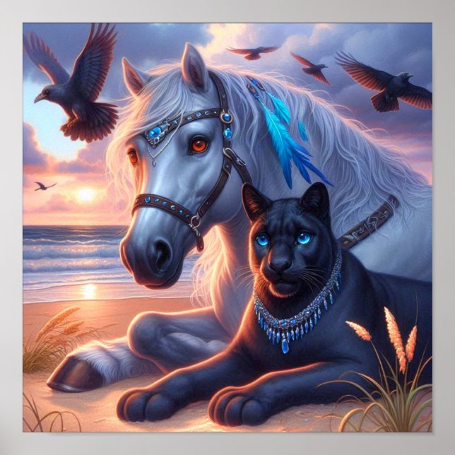 Poster Cavalo cinza Pantera preta (Frente)