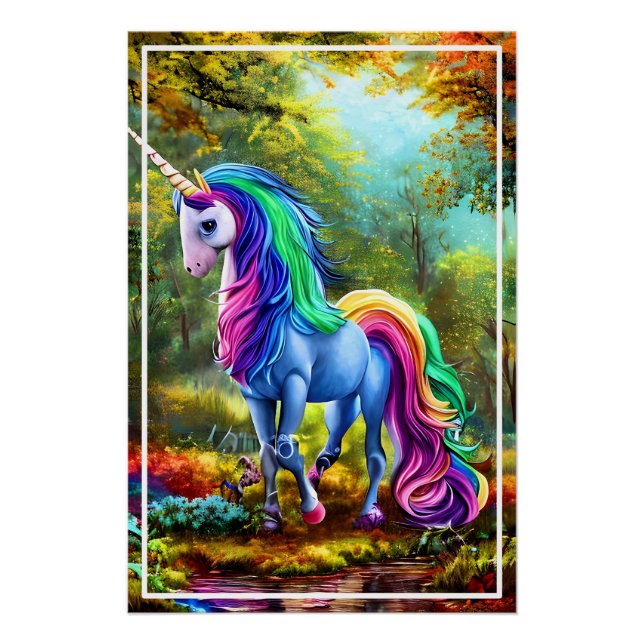 Pôster Cavalo Colorido Unicórnio na Floresta-46567 (Frente)