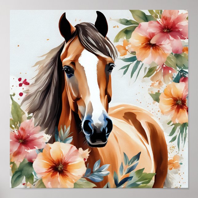 Poster Cavalo de Aquarela Cercado por Flores (Frente)