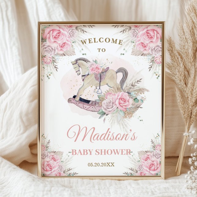 Poster Cavalo de Balanço Floral Rosa com Grama das Pampas (Criador carregado)