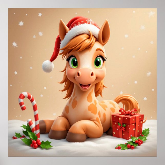 Poster Cavalo de Cartoon Christms com Santa Hat (Frente)