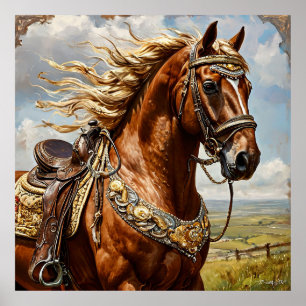Poster Cavalo de castanha com sela de Ornamentado sob céu