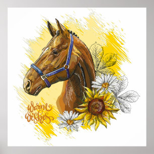 Poster Cavalo de desenho manual com plantas e flores joga